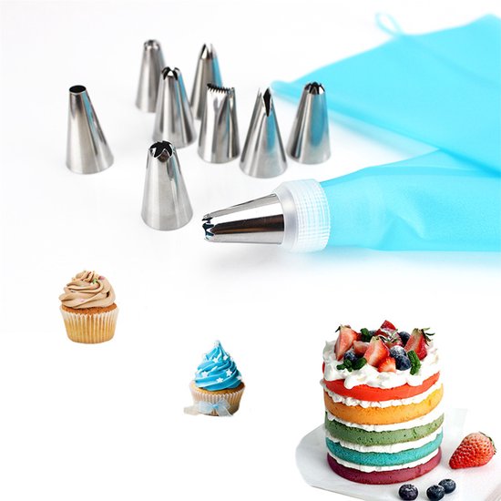 Tortendekorationsset Mit 8 Teilen, Wiederverwendbarem Spritzbeutel Mit Blumenförmiger Tülle Für Desserts, Kuchen, Cremes, Küche Und Gastronomie – Blau, Silber