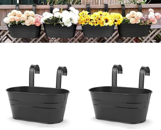 2 Große Hängeampeln - Für Drinnen Und Draußen - Für Zäune - Garten - Heimdekoration - Mit Abnehmbarem Haken - Balkon (schwarz)