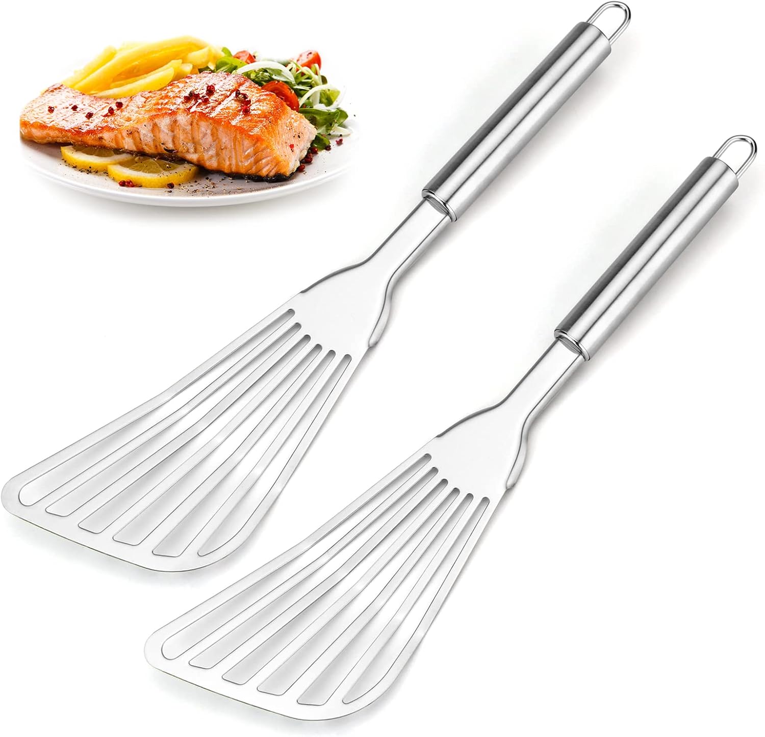 2-teiliges Premium-fischwender-set, Großer Edelstahlwender Mit Dicker Klinge, Geeignet Zum Kochen, Wenden, Braten Und Grillen.