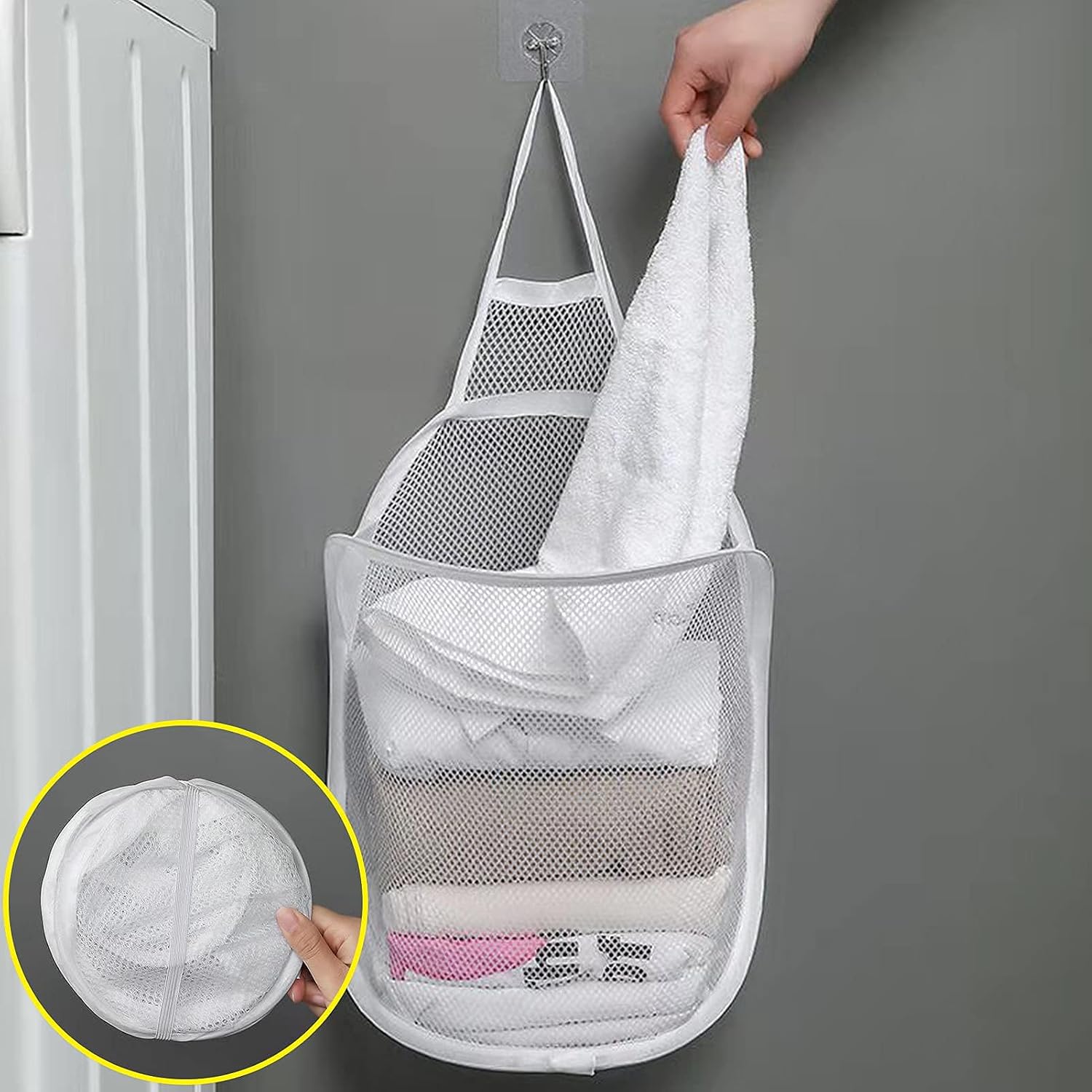 2-teiliger Hängewäschekorb, Faltbarer Wäschekorb Aus Netzgewebe, Wäschekorb Mit Haken Für Wäsche Und Kleidung (weiß)