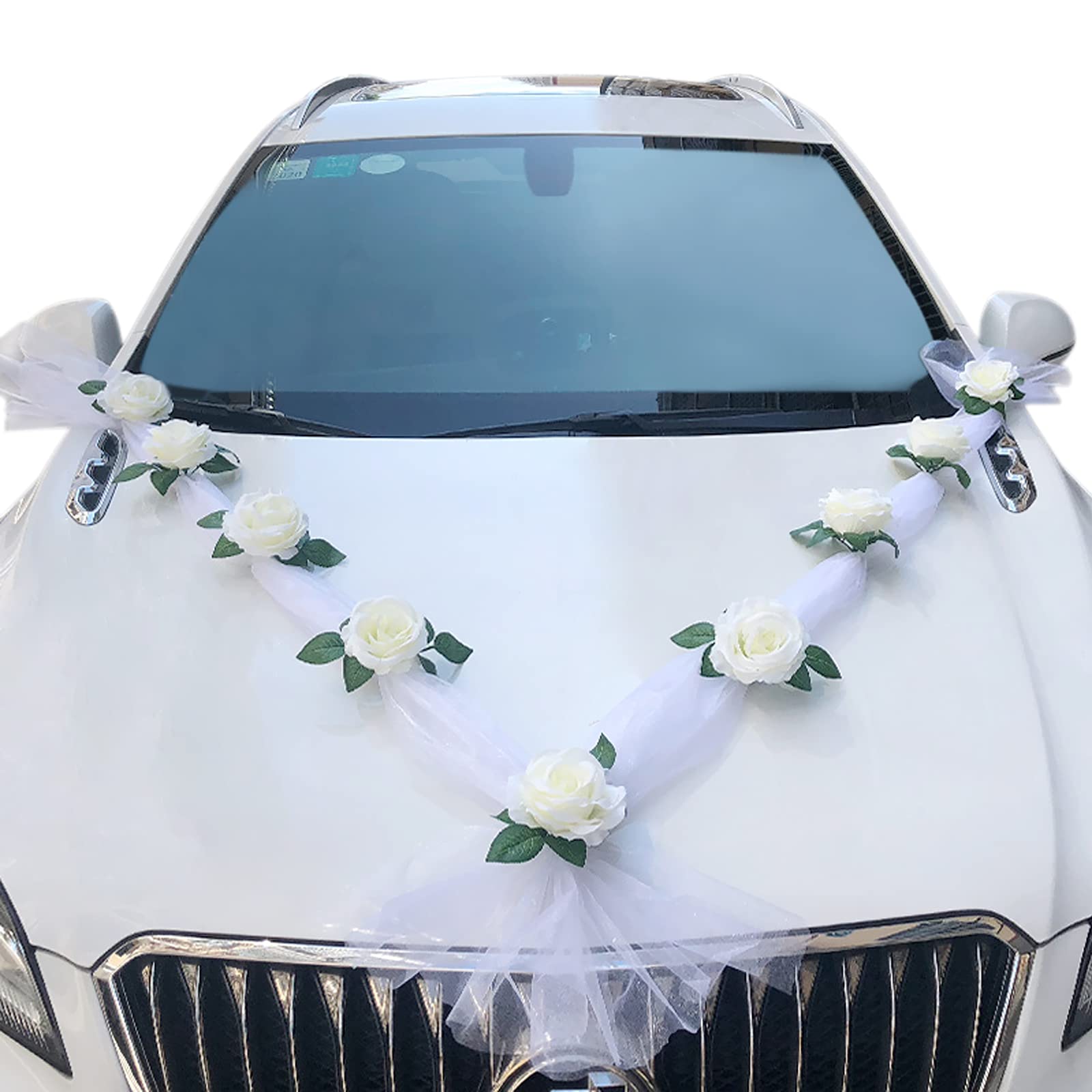 Luxuriöse, Romantische Hochzeitsauto-dekoration Mit Weißen Rosen, Schmetterlingen Und Schleifen Dekoration Für Die Hochzeitsfeier