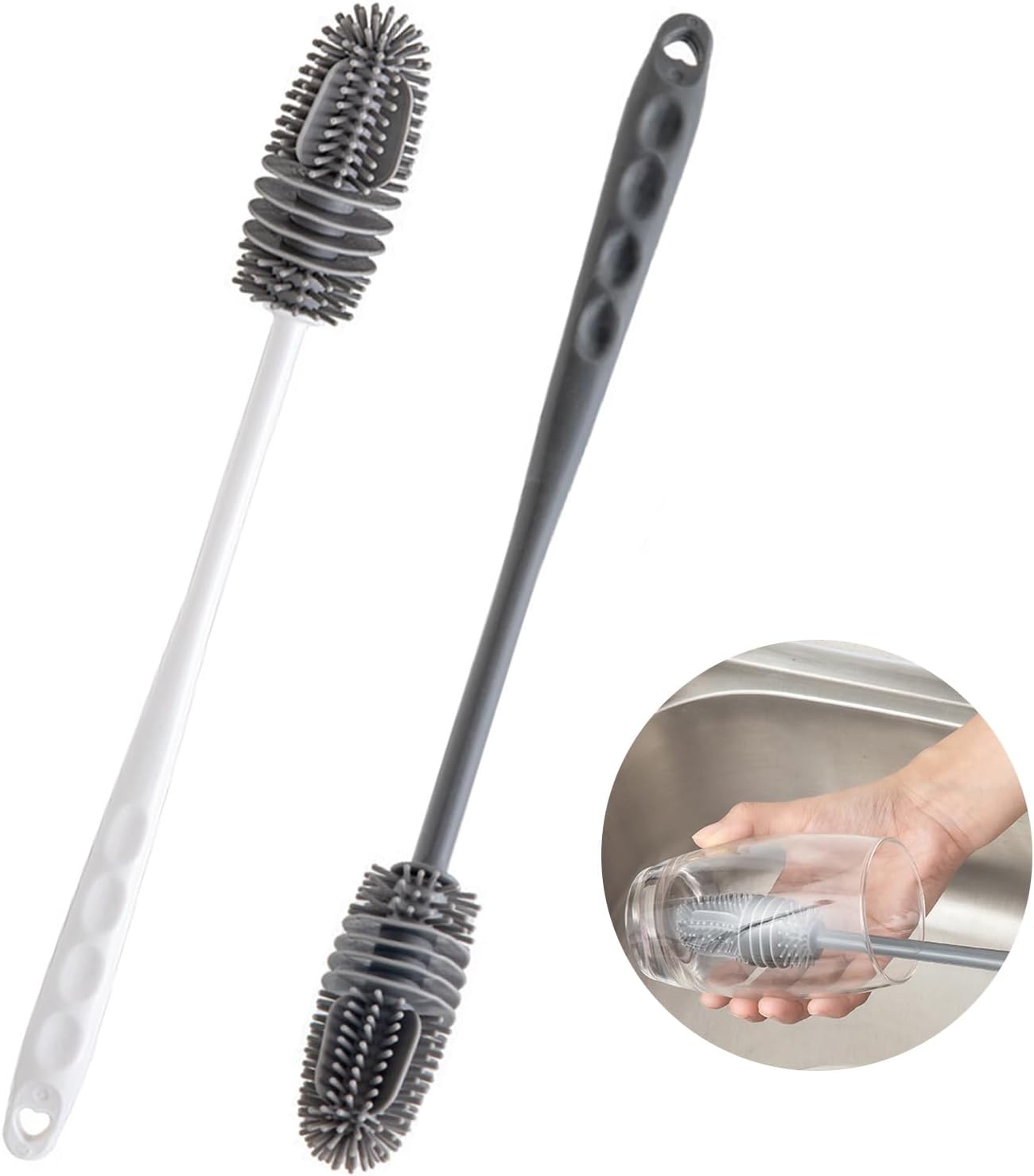 Set Aus 2 Silikon-flaschenbürsten: Lange, Weiche Flaschenbürste Mit Silikonspitze Für Glasflaschen Mit Schmaler Öffnung Und Thermosflaschen.
