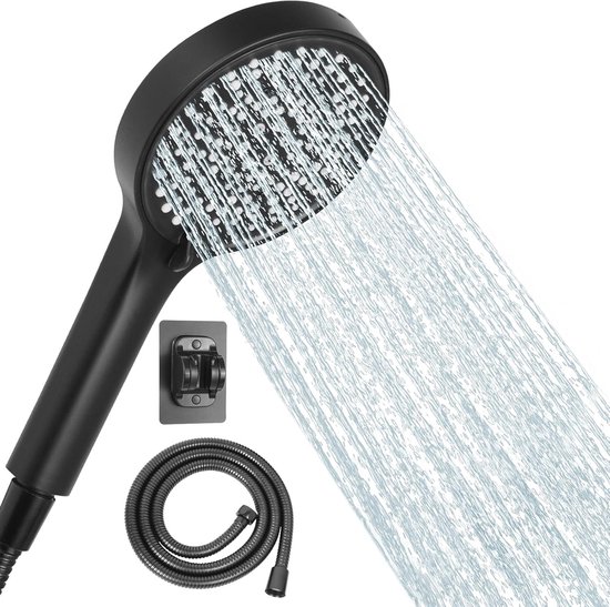 Schwarzes Duschkopf-set Mit 6 Strahlarten, 125 Mm Durchmesser, Wassersparend, Inklusive 1,5 M Schlauch