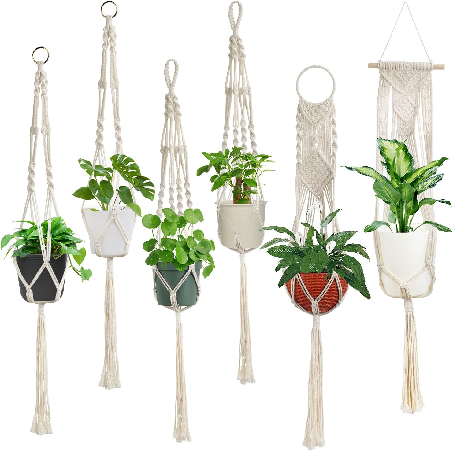 6-teiliges Set Handgefertigter Makramee-pflanzenampeln – Pflanzenhalter Aus Baumwollseil Mit 4 Beinen Und 4 Verschiedenen Designs – Dekorativer Blumentopfhalter Zum Aufhängen
