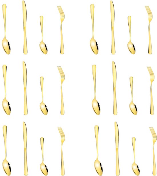 Das 24-teilige Goldene Besteckset Ist Aus Mattgoldenem Edelstahl Gefertigt Und Für 6 Personen Geeignet. Es Hat Eine Hochglanzpolierte Oberfläche Und Besteht Aus Messer, Gabel Und Löffel.