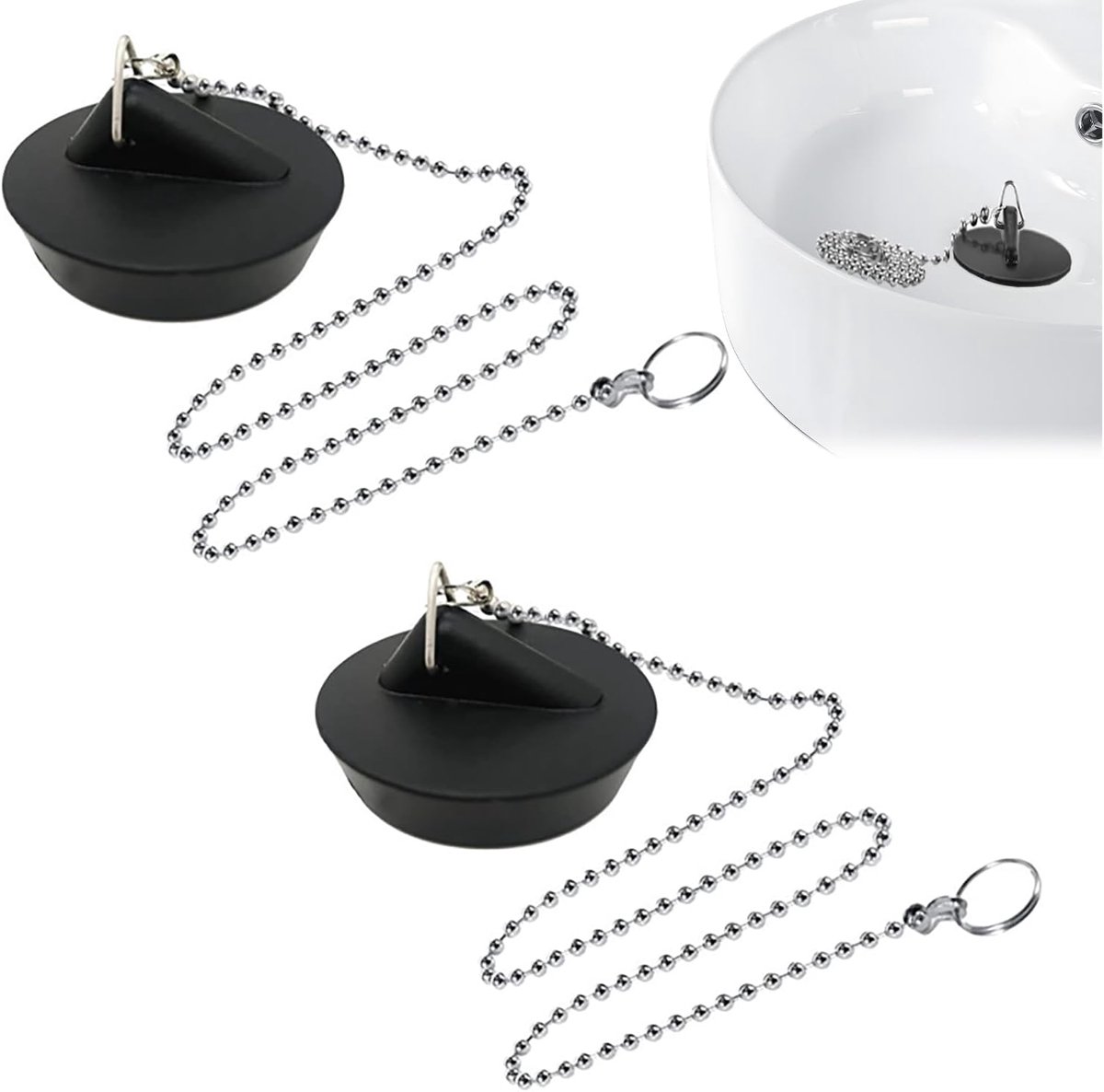 Abflussstopfen Aus Gummi – 2 Stück – Abflussstopfen Mit Kette Für Küche, Bad Und Waschbecken – Schwarz