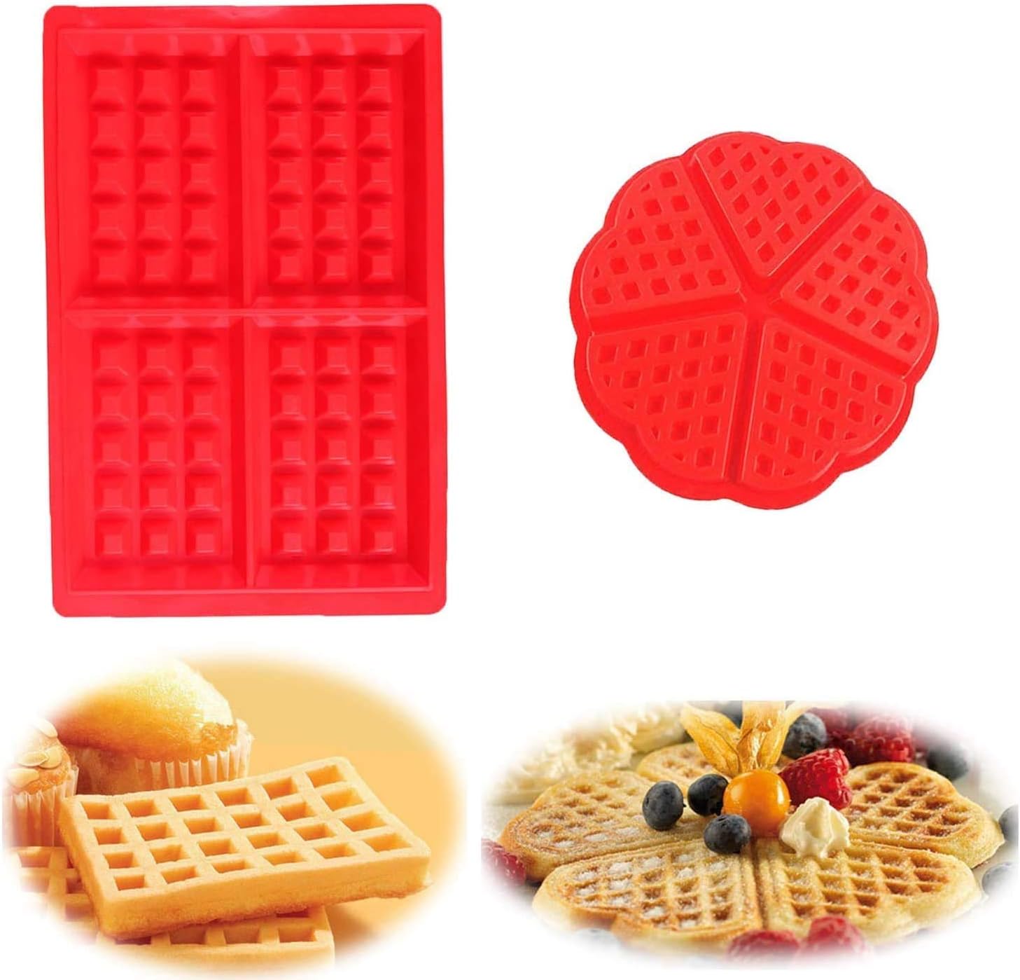 Ein Set Aus 4 Silikonformen – Waffeln, Kuchen, Eiswürfel, Schokolade Und Bonbons – In Rot – In Herz- Und Rechteckform.
