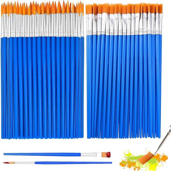 100-teiliges Set Blauer Nylon-künstlerpinsel (flach Und Spitz, 17 Cm)
