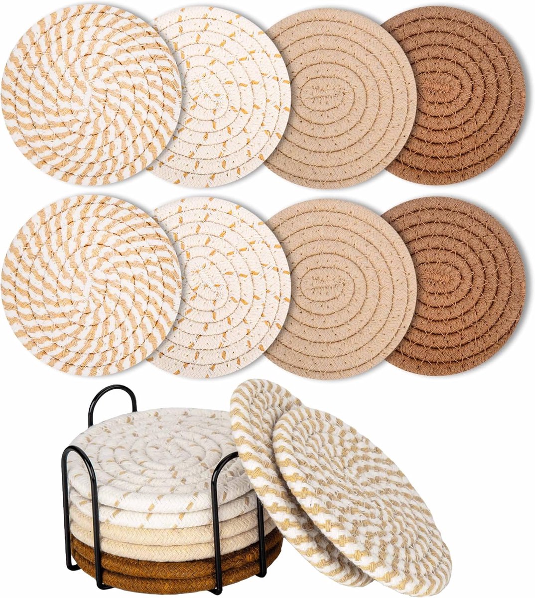 Set Mit 8 Runden Untersetzern Mit Ständer – Untersetzer-set – Wärmeisolierend – Rutschfeste, Geflochtene Baumwolluntersetzer – Für Gläser – Untersetzer Mit Halter – 11 Cm