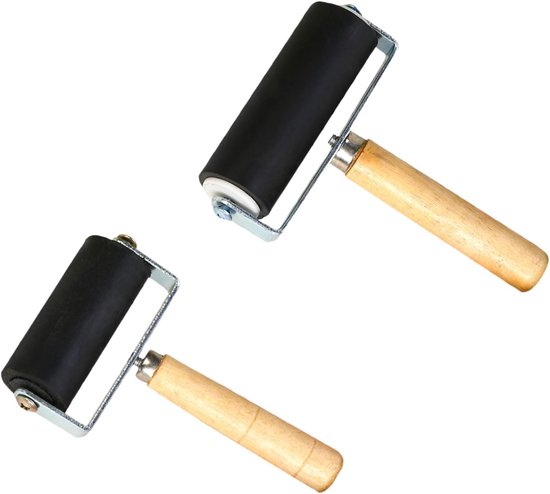 Set Mit 2 Gummiwalzen - Mit Holzgriff - Schwarz - Für Drucktechniken, Stempel, Kreative Hobbys Und Künstlerische Projekte (10 Cm/6 Cm)
