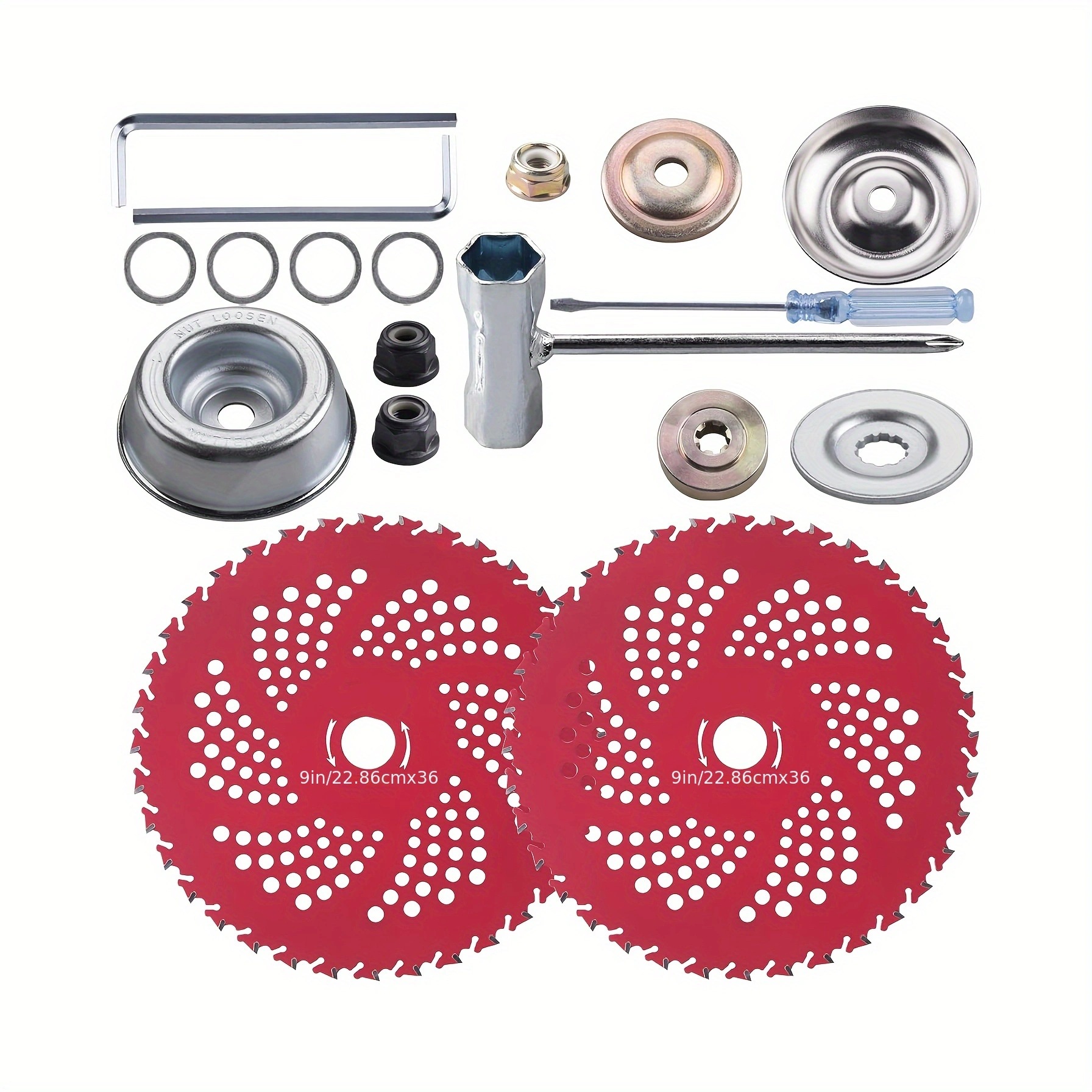 Markenloses 2er-pack 9" X 36-zahn-rasenmähermesser Aus Wolframkarbid, Universaladapter-set Für Trimmer, Freischneider Und Unkrautschneider