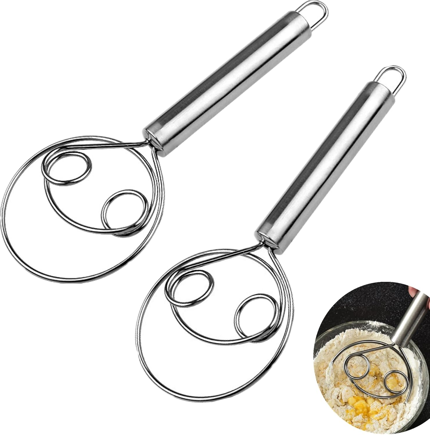 2-teiliger Teigkneter Aus Edelstahl, Gebäckmischer, Teigkneter Für Holländisches Brot, Handgerät Für Brot, Teig, Kuchen Und Gebäck, Silber