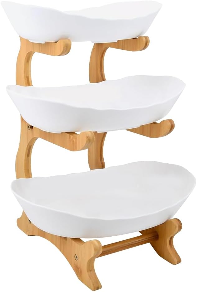 Obstständer, Keramik-obstkorb Mit Stabilem Holzgestell, Servierschale Für Kuchen, Obst, Desserts, Obstdekoration – 14 X 22,5 X 32 Cm – Weiß