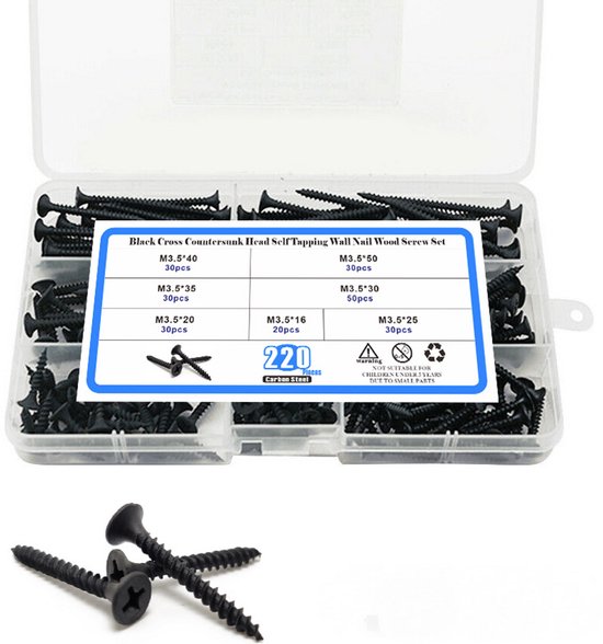 Sortimentsbox - Schrauben - 220-teiliges Set Schwarzer, Harter Kreuzschlitzschrauben Mit Schaberkopf Für Automatische Gewindebohrungen, Gips-/holzschrauben Zum Trocknen Von Wänden