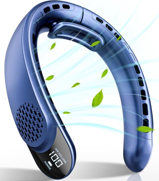 Nackenventilator – Tragbarer Nackenventilator Mit Led-anzeige – 4000 Mah Akku – 3 Geschwindigkeitsstufen – Freihändige Kühlung Per Usb-c – Blau – 19 X 22 Cm