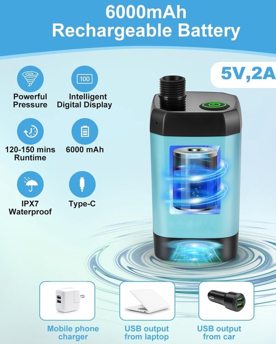 Wiederaufladbare Outdoor-campingdusche Mit 6000 Mah Kapazität Und Dualer Digitalanzeige (blau)