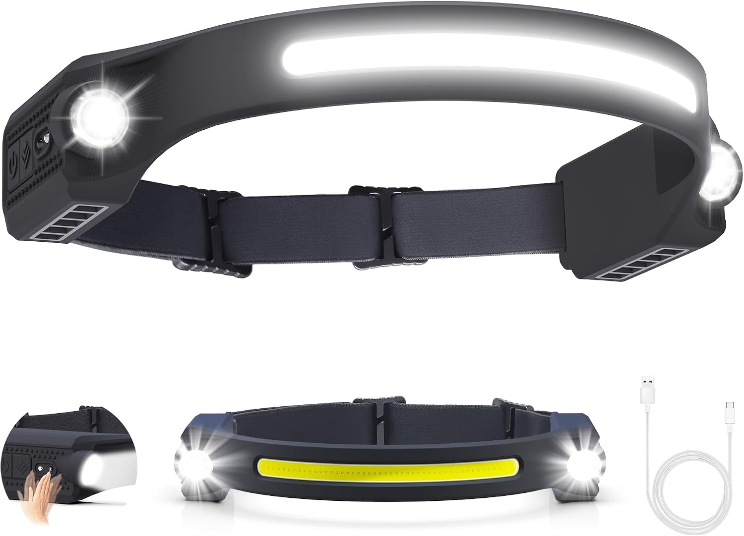 Wiederaufladbare Led-stirnlampe Mit Cob-led, Bewegungssensor, 260°-weitwinkelleuchten, Ipx4 Wasserdicht – Ideal Als Campingzubehör