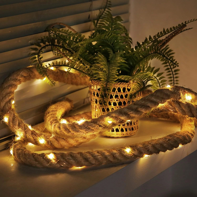 10 M Lichterkette – 200 Leds – Batteriebetrieben – Hanfseil – Wasserdicht – Für Garten, Terrasse, Balkon, Schaukel Und Kofferdekoration