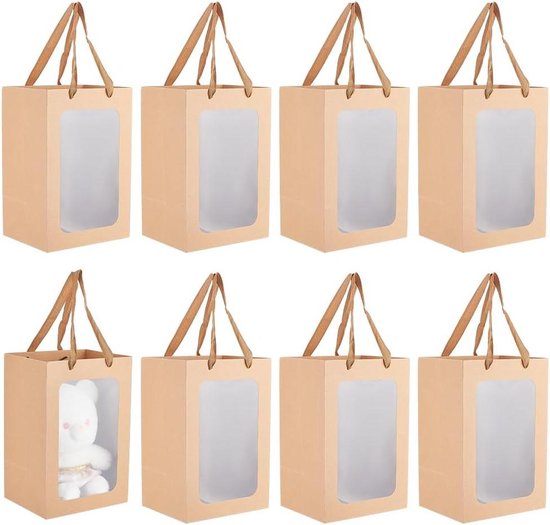 Transparente Braune Kraftpapiertüten Mit Sichtfenster, 30 X 20 X 16 Cm, Geschenktüten Mit Henkeln Für Geburtstagsfeiern – 8er-pack