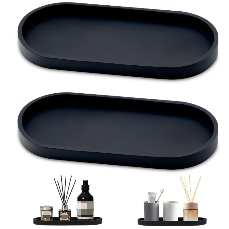 2-teiliges Badezimmer-tablett-set (25 X 11 X 2 Cm), Parfümhalter, Dekorative Silikonablage, Ovale Kosmetikablage, Schminktablett, Schwarz