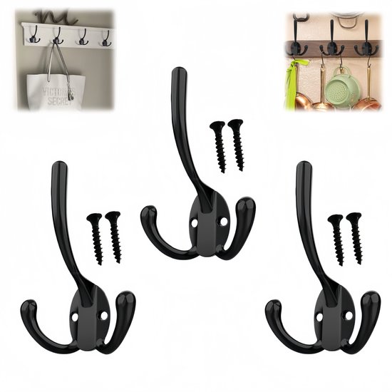 3 Stück – Haken – Schwarze Kleiderhaken – Mit Schrauben – Schwarz – Robuste Haken Aus Vintage-legierung – Geeignet Für Mäntel, Taschen, Handtücher – 105 X 70 Mm