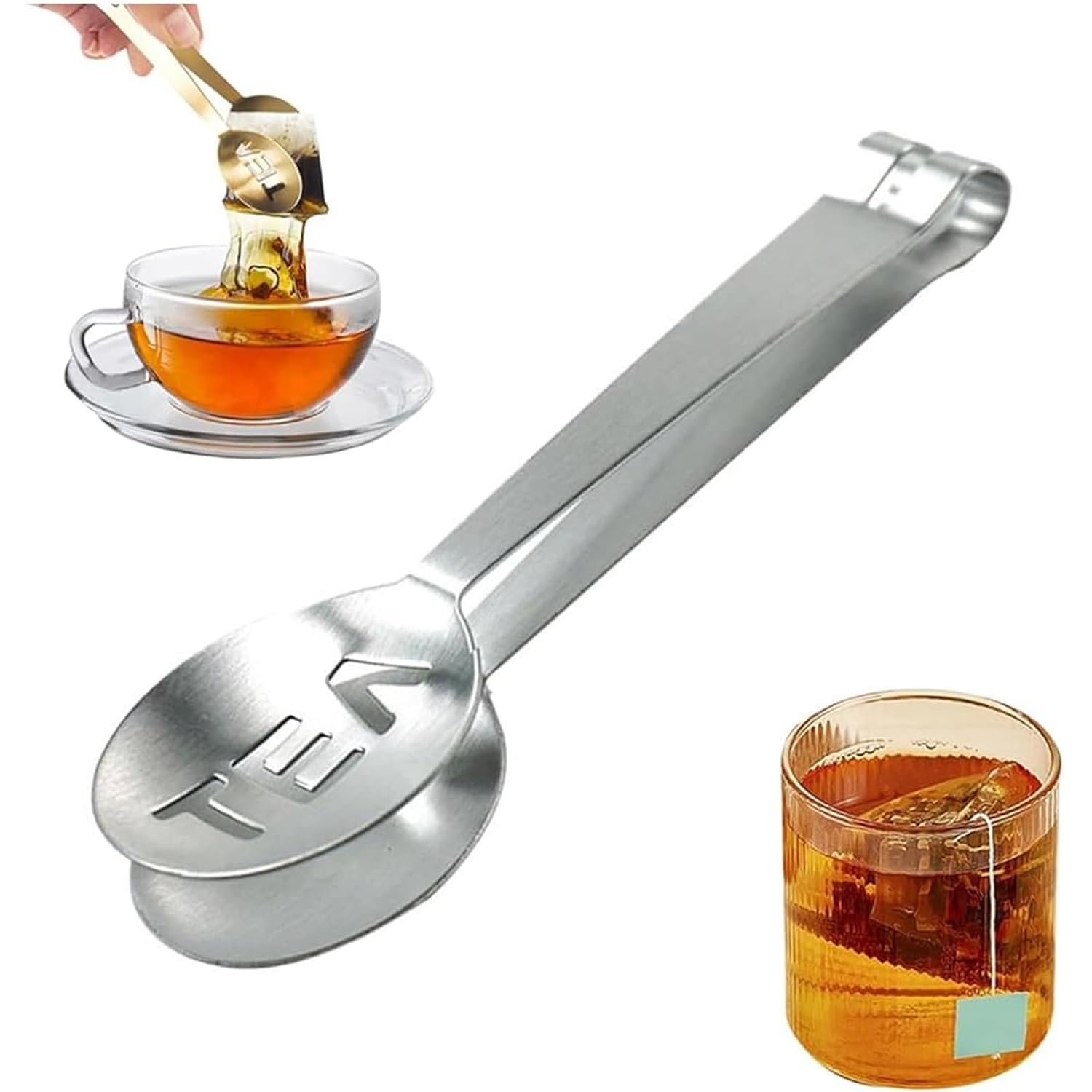 Ein Set Aus Edelstahl-teebeutelclips, Teebeutelhalterclips, Teezange Und Einem Löffel Zum Herausnehmen Der Teebeutel.