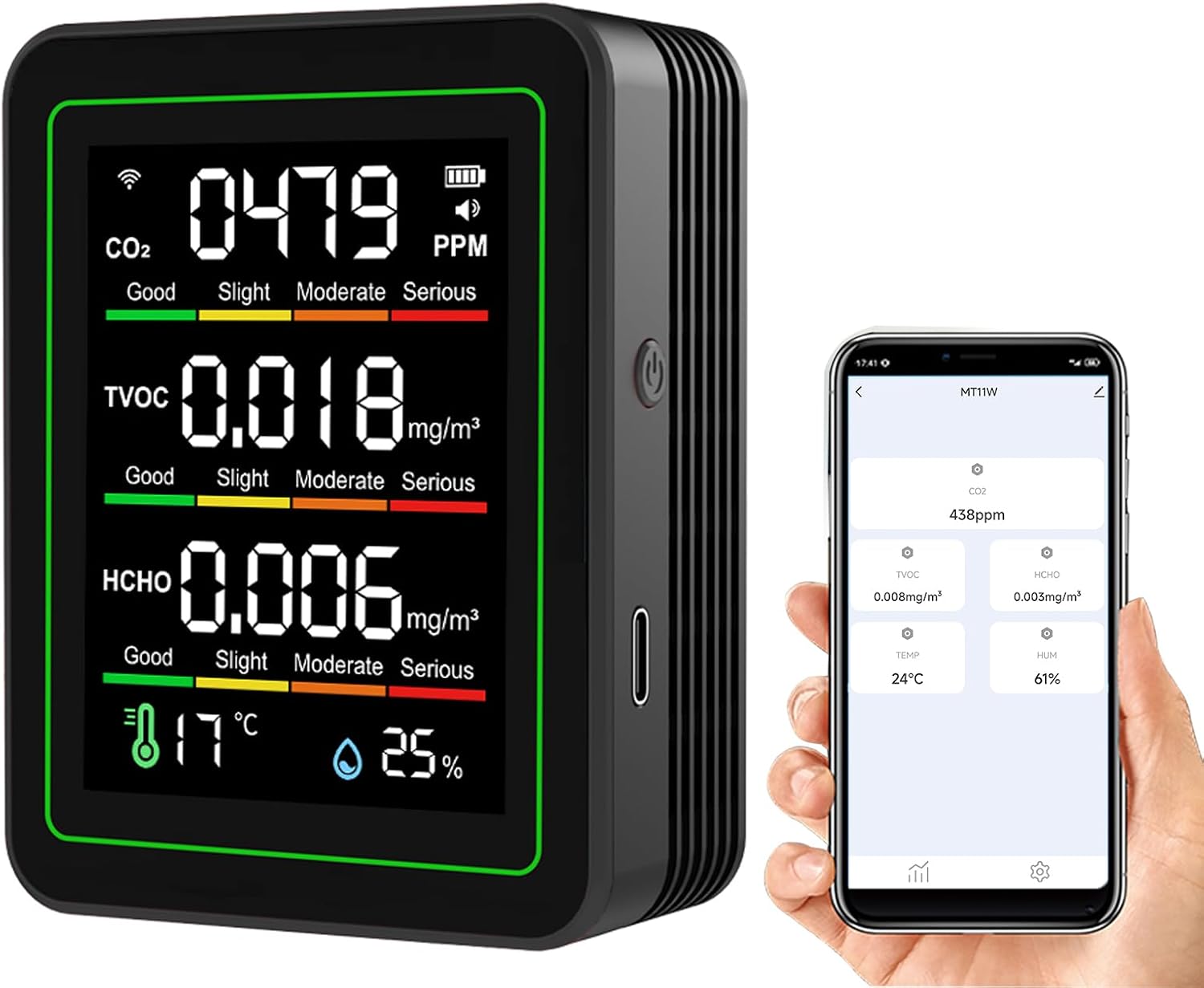 Multifunktionales Luftqualitätsmessgerät, 4-in-1 Hcho Tvoc Pm2.5 Pm10 Lcd-anzeige, Tischgerät, Usb-aufladbar, Für Die Innenraumluftqualität, Für Zuhause, Auto, Zelt Usw.