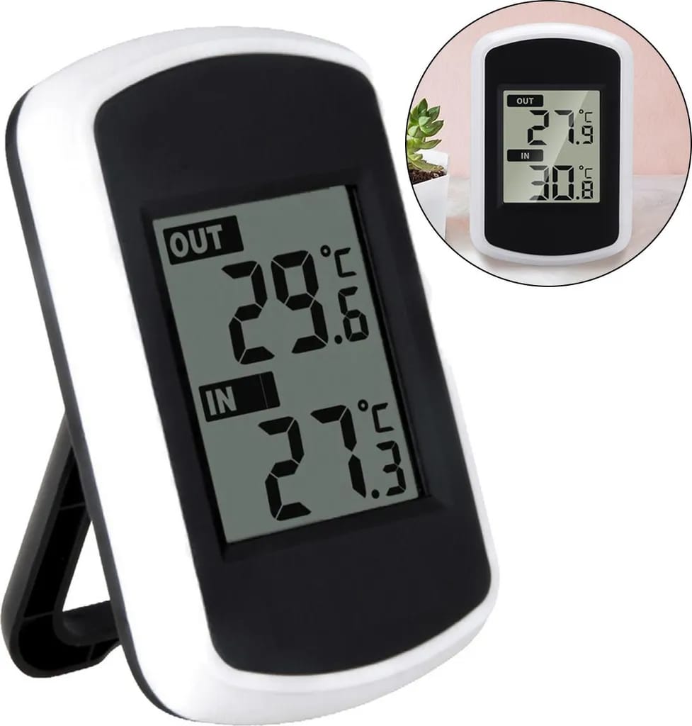 Dieses Kabellose Digitalthermometer Wird Mit Sender Und Empfänger Sowie Einem Lcd-display Geliefert Und Misst Innen- Und Außentemperaturen. Es Ist Tragbar.