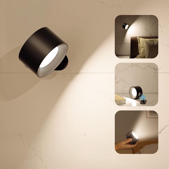 Led-wandleuchte, Kabelloses Magnetisches, Per Usb Aufladbares Nachtlicht, Touch- Und Fernbedienungssteuerung, Dreifarbig, 360° Drehbar (schwarz).
