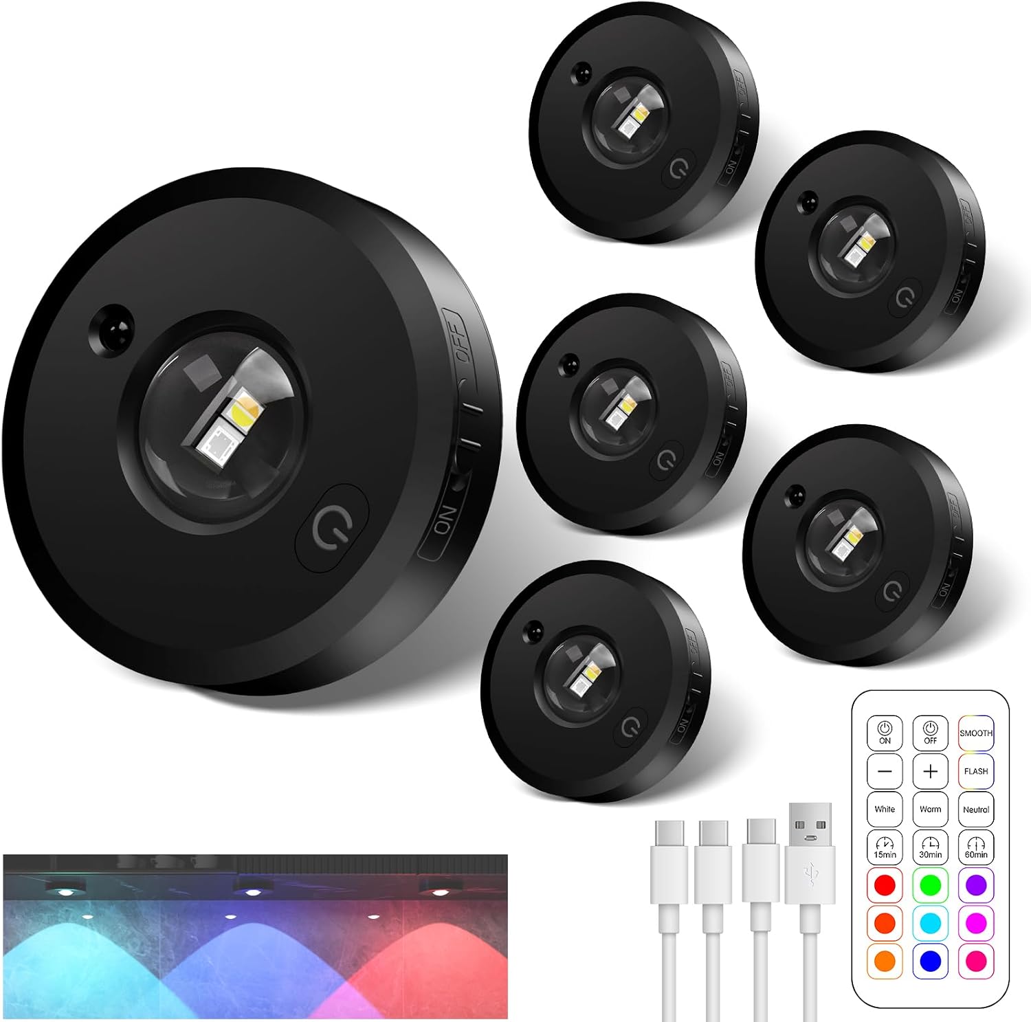 6-teiliges Kabelloses Strahlerset Mit Fernbedienung – Betrieben Mit Einem Wiederaufladbaren 1200-mah-rgb-akku – Für Schränke, Kleiderschränke Und Vitrinen