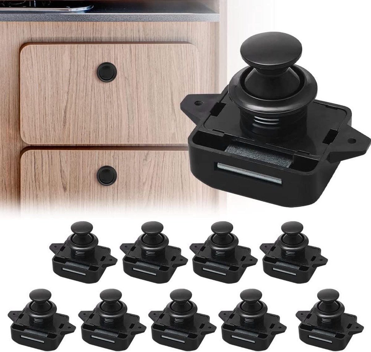 10er-pack Druckknopf-schrankschlösser, Schlüssellose Verriegelung, Druckknopfverschluss Geeignet Für 15–18 Mm Dicke Schranktüren Von Wohnmobilen, Booten, Vans, Yachten Und Campern, Schwarz