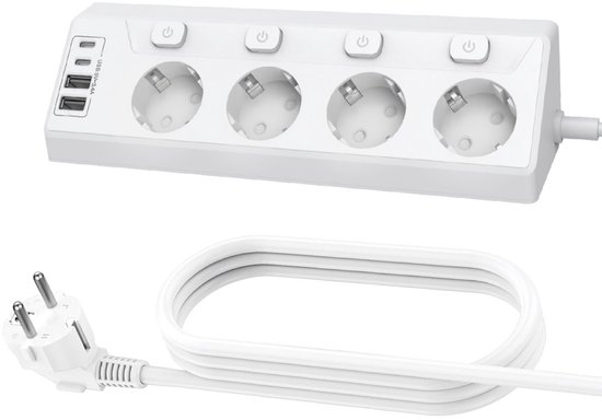 Ecksteckdose, Vier Steckdosen, Zwei Usb-a- Und Zwei Usb-c-anschlüsse, 4000 Watt, 1,5 Meter Kabel, Weiß