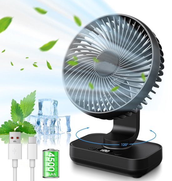 Leiser Mini-tischventilator – 120° + 90° Neigbarer Ventilatorkopf – 4500-mah-usb-akku (wiederaufladbar) – 4 Windgeschwindigkeitsstufen Und Led-anzeige