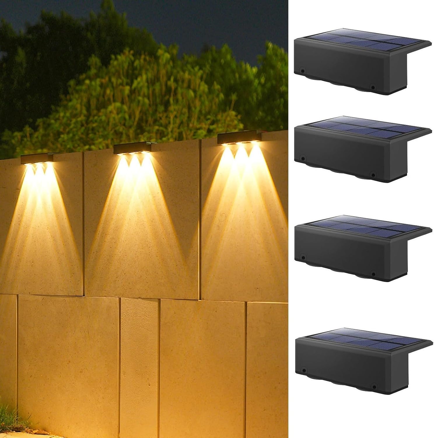 4er-pack Solar-zaunleuchten, 2 Beleuchtungsmodi (hell/gedimmt), Wasserdichte Außenwandleuchten Für Garten, Pool Und Treppe (warmlicht)