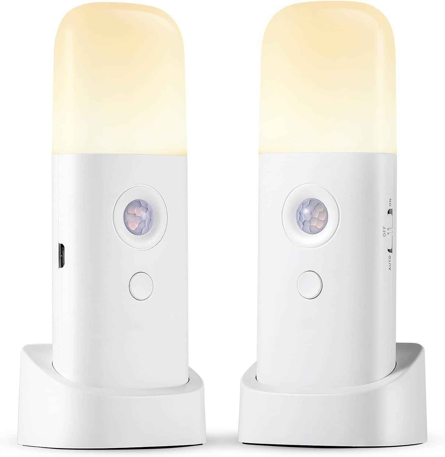 Zwei Led-nachtlichter Mit Bewegungsmelder, 5 Meter Erfassungsbereich, 5 Helligkeitsstufen – Unterstützt Usb-c-laden. Für Schlafzimmer Und Badezimmer.