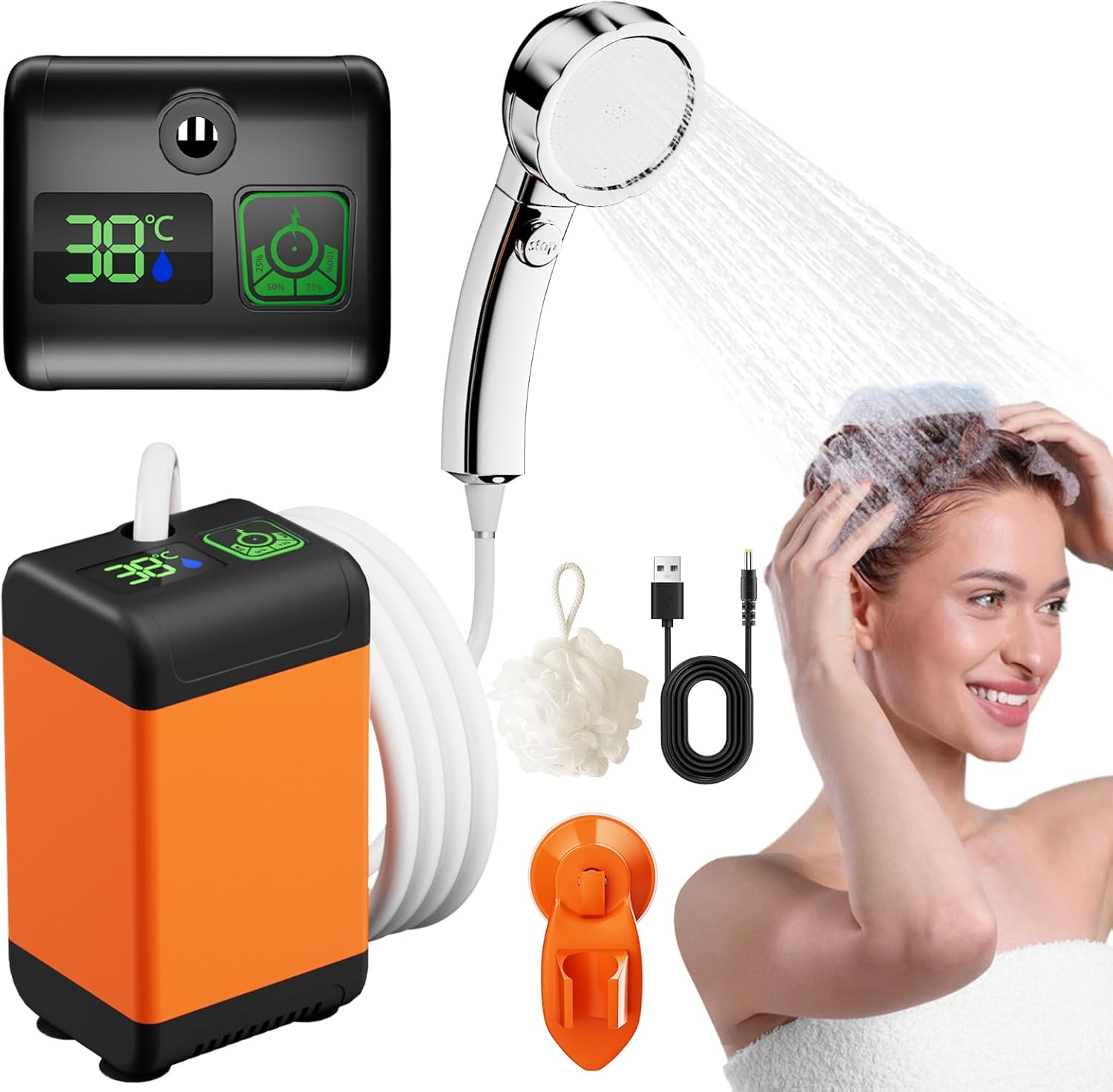 Campingdusche, Wiederaufladbarer 7800-mah-akku Mit Smart-display, 2 M Schlauch, 180 Minuten Duschzeit Im Freien, Starke Saugkraft