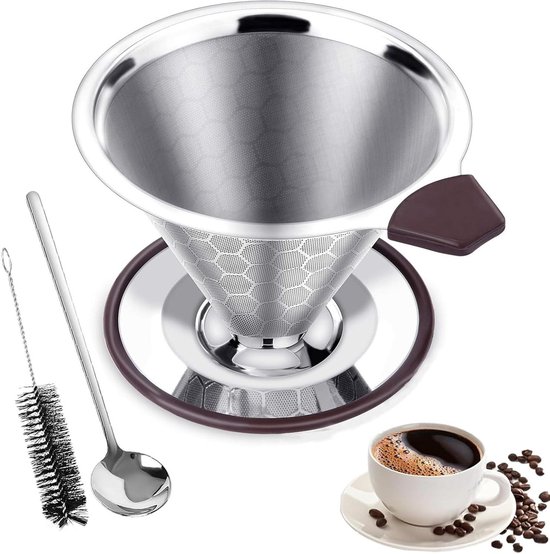 Wiederverwendbarer Kaffeefilter Aus Edelstahl – Papierloser Kaffeefilter Für Die Manuelle Zubereitung, Inklusive Kaffeelöffel.