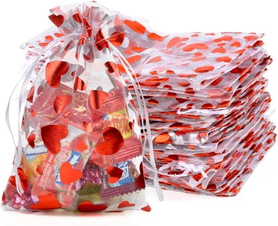 Organza-geschenk- Und Schmuckbeutel Mit Rotem Herzmuster, Kleine Beutel Mit Kordelzug Für Weihnachten, Hochzeiten Und Partys (100 Stück, 13 X 18 Cm)