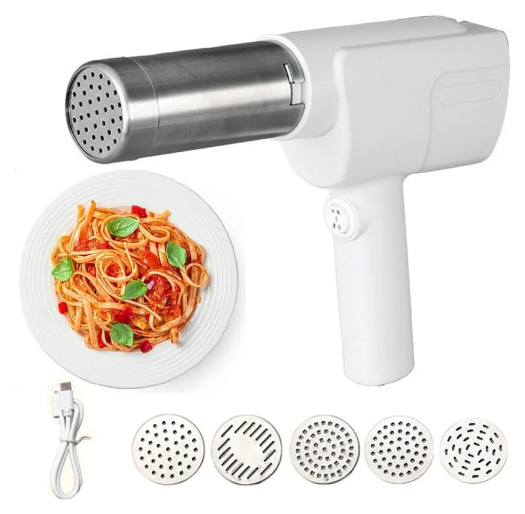5-in-1 Nudelpresse, Tragbarer Elektrischer Nudelbereiter Mit 5 Formen, Wiederaufladbar, Presst Kartoffeln Und Nudeln, Zum Kochen Von Pasta Und Lasagne.