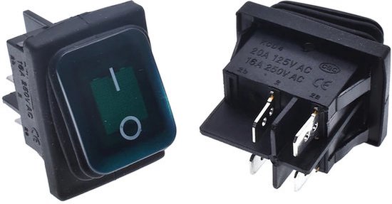 Kcd4-202 – Wasserdicht – Mit Kontrollleuchte – Zweipoliger Wippschalter 30 X 22 Mm, Max. 250 V, 16 A – Grün