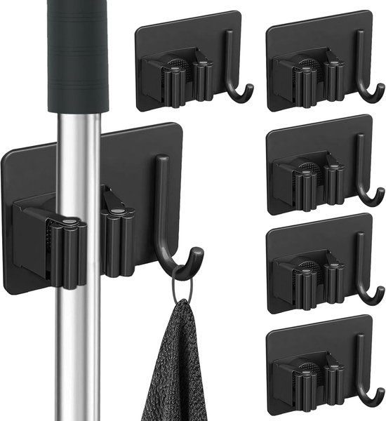Bohrfreier Mopphalter Mit Haken, 6-teilig, Haken Ohne Bohren, Selbstklebend, Wandmontage, Mopp, Wandbefestigung Mit Haken