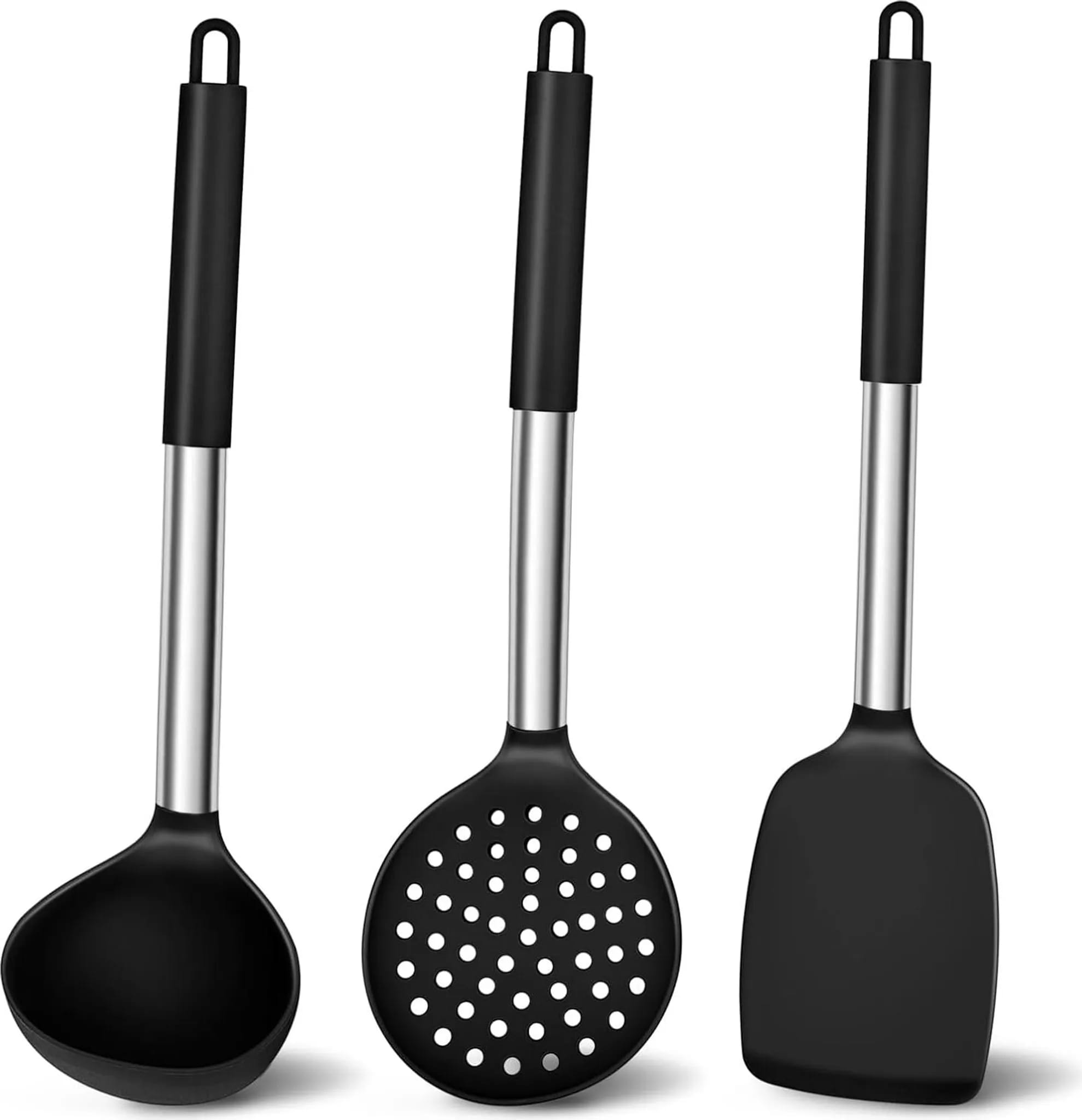 Küchenutensilien-set, 3-teiliges Silikonspatel-set Mit Edelstahlgriffen, Hitzebeständige, Antihaftbeschichtete Schwarze Kochutensilien