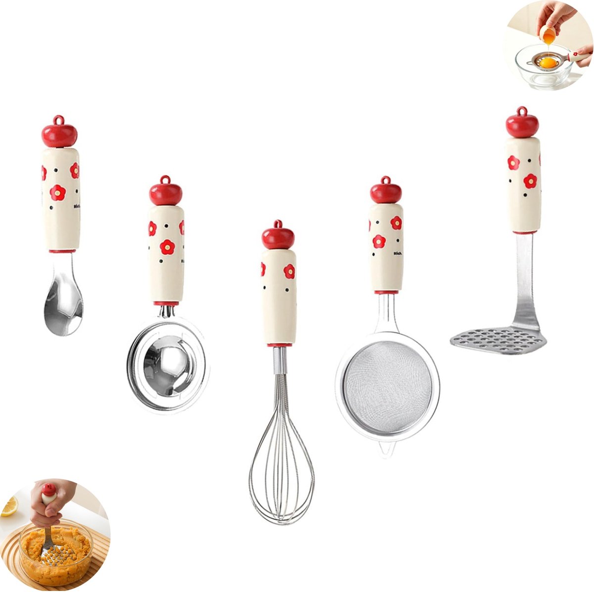 5-teiliges Mini-küchenhelfer-set Aus Edelstahl: Schneebesen, Kartoffelstampfer, Eigelbtrenner, Sieb (edelstahl)