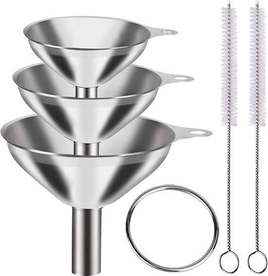 Edelstahltrichter – Ø: 7,5 Cm/5,5 Cm/4,5 Cm – 3-teilig – Küchenzubehör – Mit 2 Reinigungsbürsten – Campingartikel – 7,5 Cm – 3-teilig