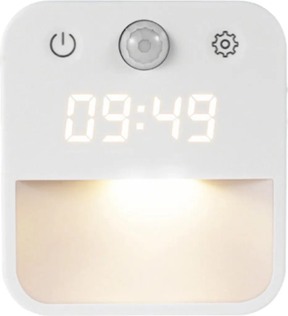 Led-nachtlicht Mit Uhr, Bewegungsmelder, Weiß-/warmlicht, Dimmbar, Steckeranschluss Und Lichtsensor Geeignet Für Treppenhäuser Und Schlafzimmer.