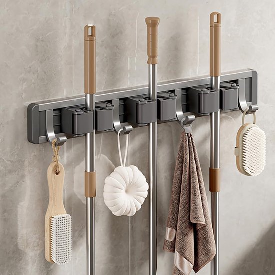 Grauer Aluminium-wandbesenhalter Mit 3 Klemmen Und 4 Haken – Bohrfreier, Selbstklebender Werkzeugorganizer Für Küche, Garage Und Garten