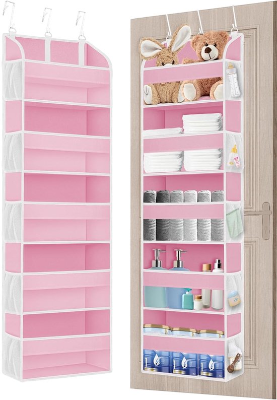 Verbesserter Türorganizer Fürs Schlafzimmer Mit 3 Metallhaken, Multifunktionale Badezimmer-aufbewahrungstasche Mit 5 Fächern Und 10 Netzfächern, Rosa.