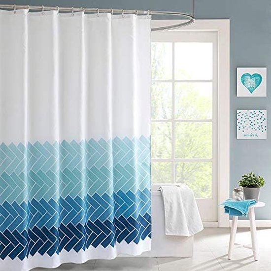 Duschvorhang – Schimmelresistenter Duschvorhang – Antibakteriell – Badezimmervorhang – Blau-weiß Gestreift – Waschbar – Mit 12 Ringen – Für Badezimmer &