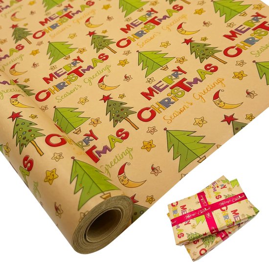 Weihnachtspapierrolle: Großformat 43 Cm X 12 M, Recycelbares Kraftpapier Mit Bedrucktem Weihnachtsbaum-, Mond- Und Sternmotiv Zur Dekoration Von Verpackungen.