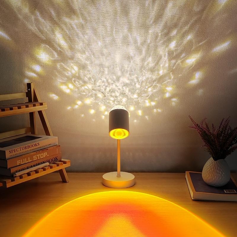 Stimmungsbeleuchtung Mit Wasserwelleneffekt – Zweiflammige Tischleuchte Mit Sonnenuntergangsmotiv – Hintergrundbeleuchtung Für Wohn- Und Schlafzimmer – Usb-betrieben